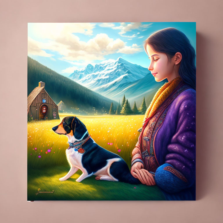 Illustration of woman and dog in meadow with mountains and cabin