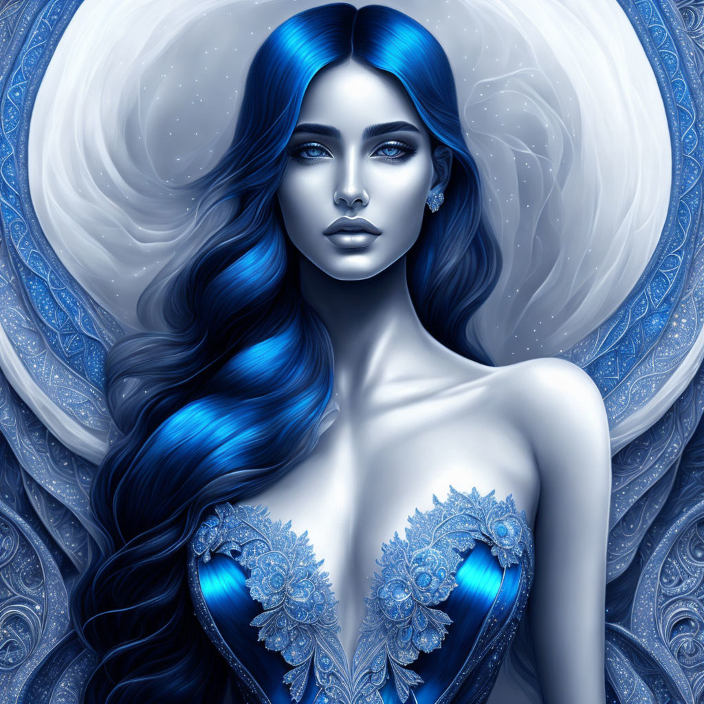 Vibrant blue-haired woman in fantasy illustration with crescent moon and ornate patterns