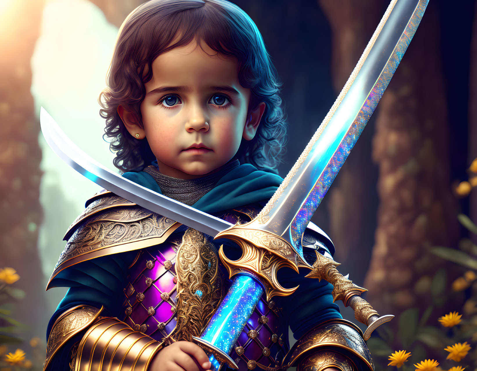 Child in Fantasy Armor with Sword in Mystical Forest