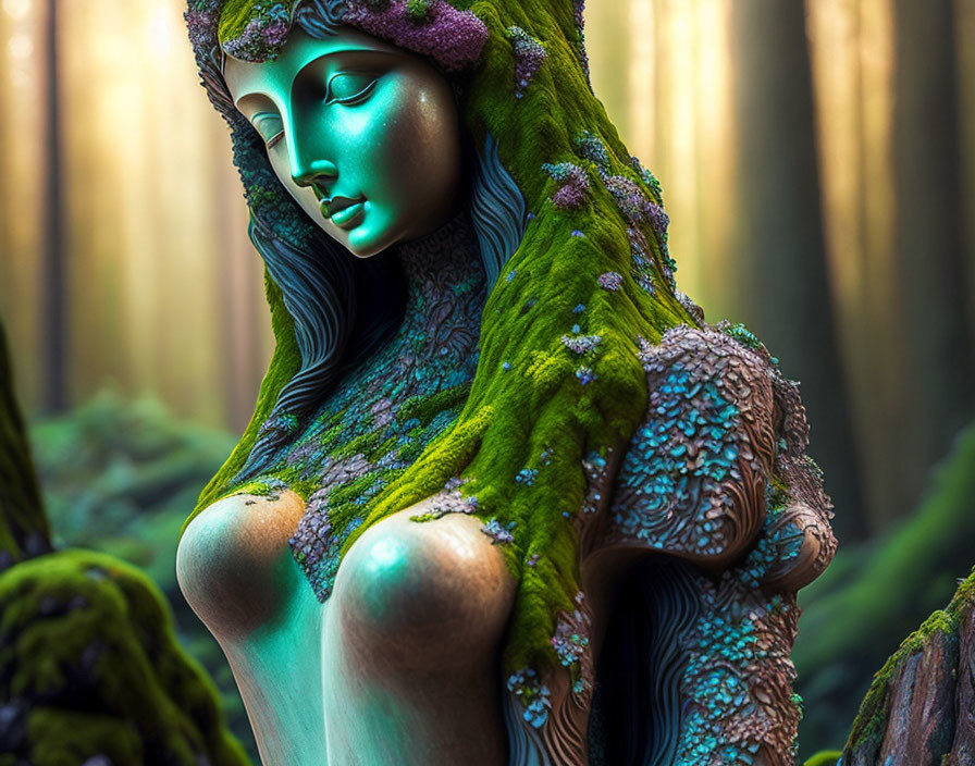 Green-skinned woman with woodland textures in mystical forest