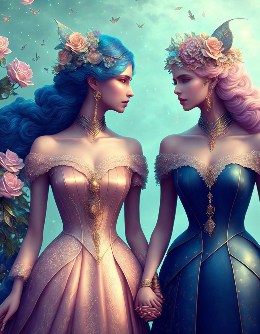 Illustrated women with fantasy hairstyles and gowns in a rose-tinted sky