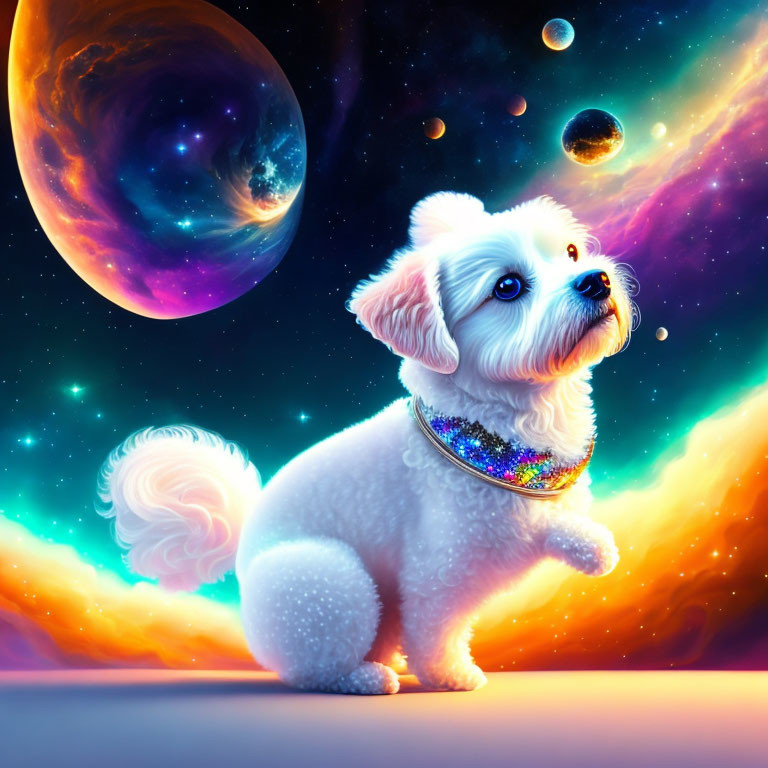 Fluffy white dog with galaxy collar in cosmic setting