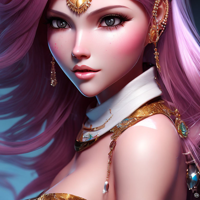 Stylized animated female character with purple hair and golden jewelry