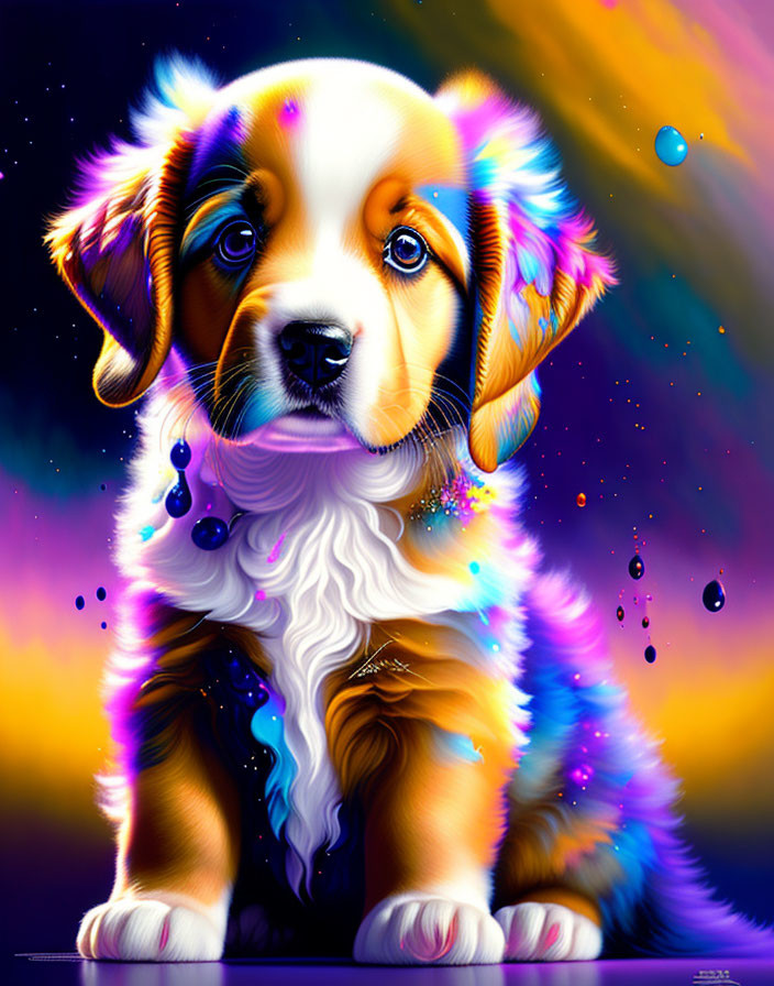 Colorful digital artwork: Puppy with multicolored fur in cosmic setting