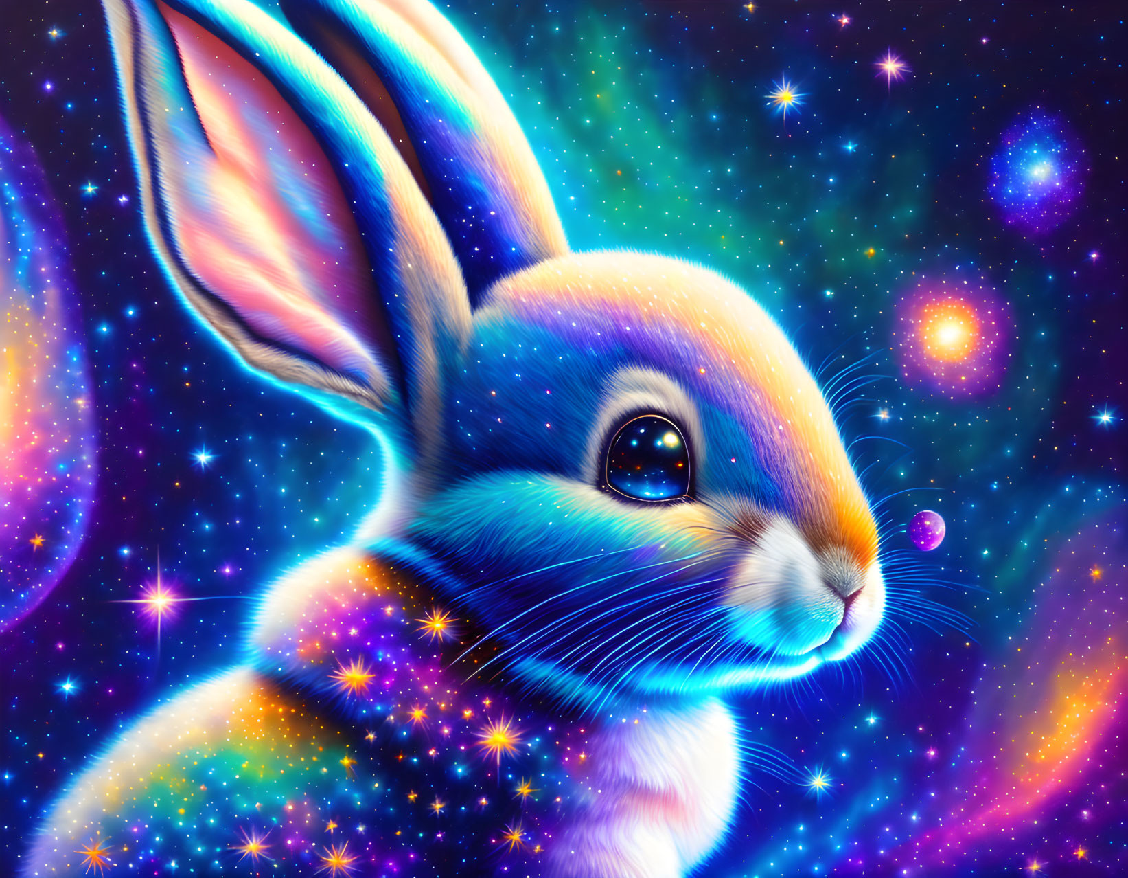 Colorful Cosmic Rabbit Illustration with Stars and Nebulae in Space