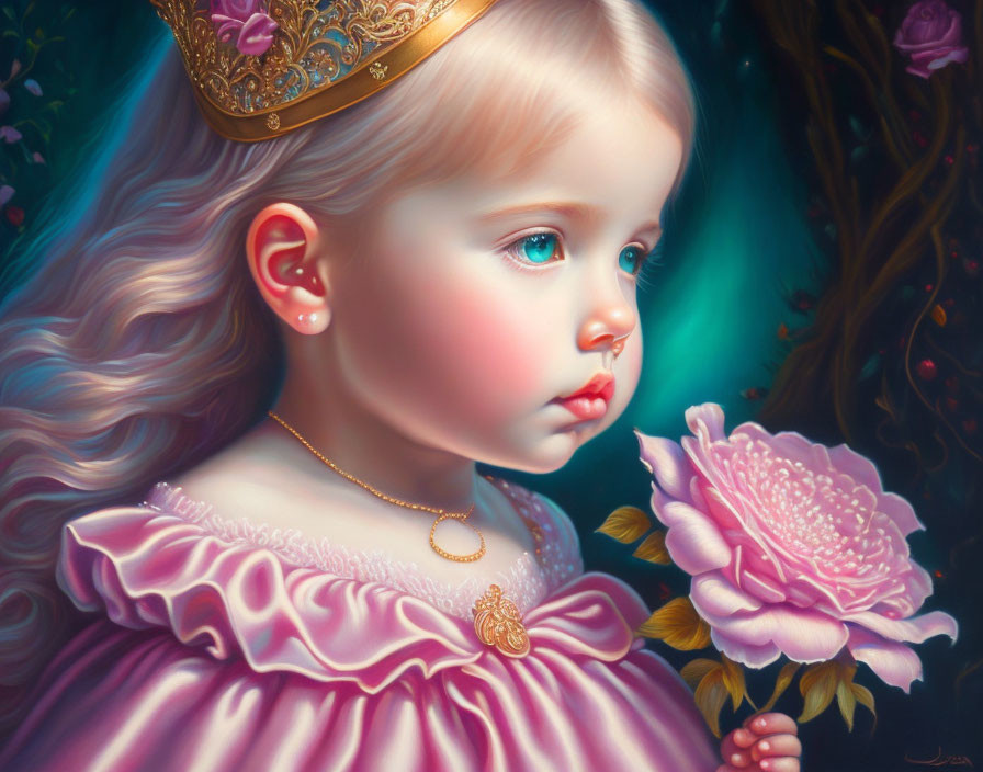 Young girl with crown admiring pink flower under soft lighting