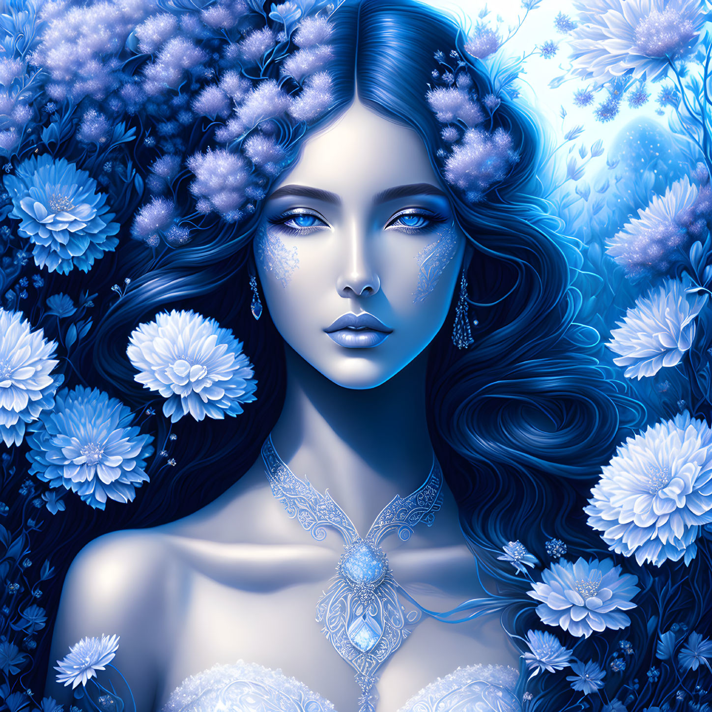 Blue-skinned woman surrounded by floral patterns and butterflies in monochromatic digital artwork