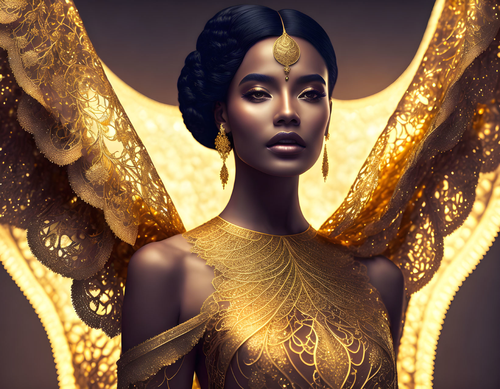 Golden-winged woman with intricate lace details and forehead jewelry