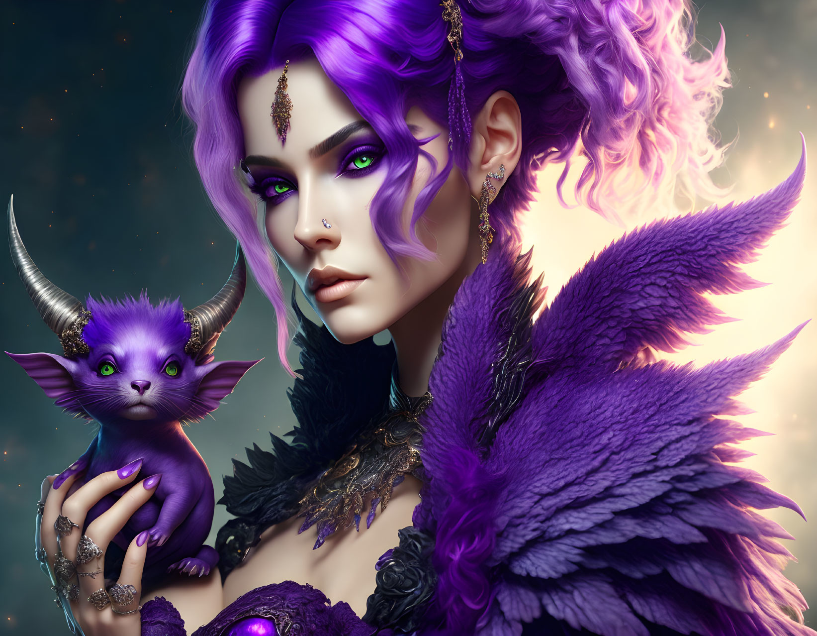 Purple-haired woman with pointed ears holding a horned creature in dark attire