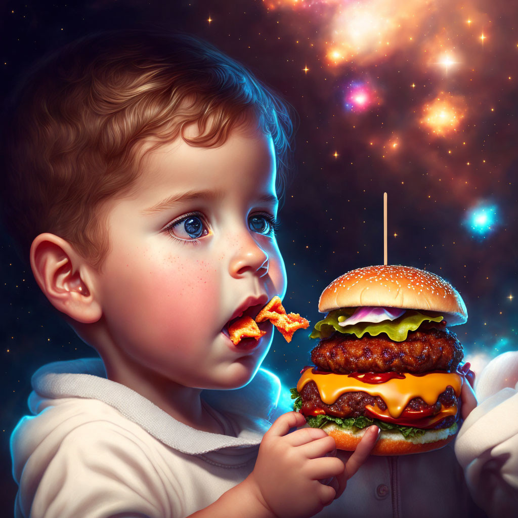 Toddler amazed by cosmic burger with galaxies in background