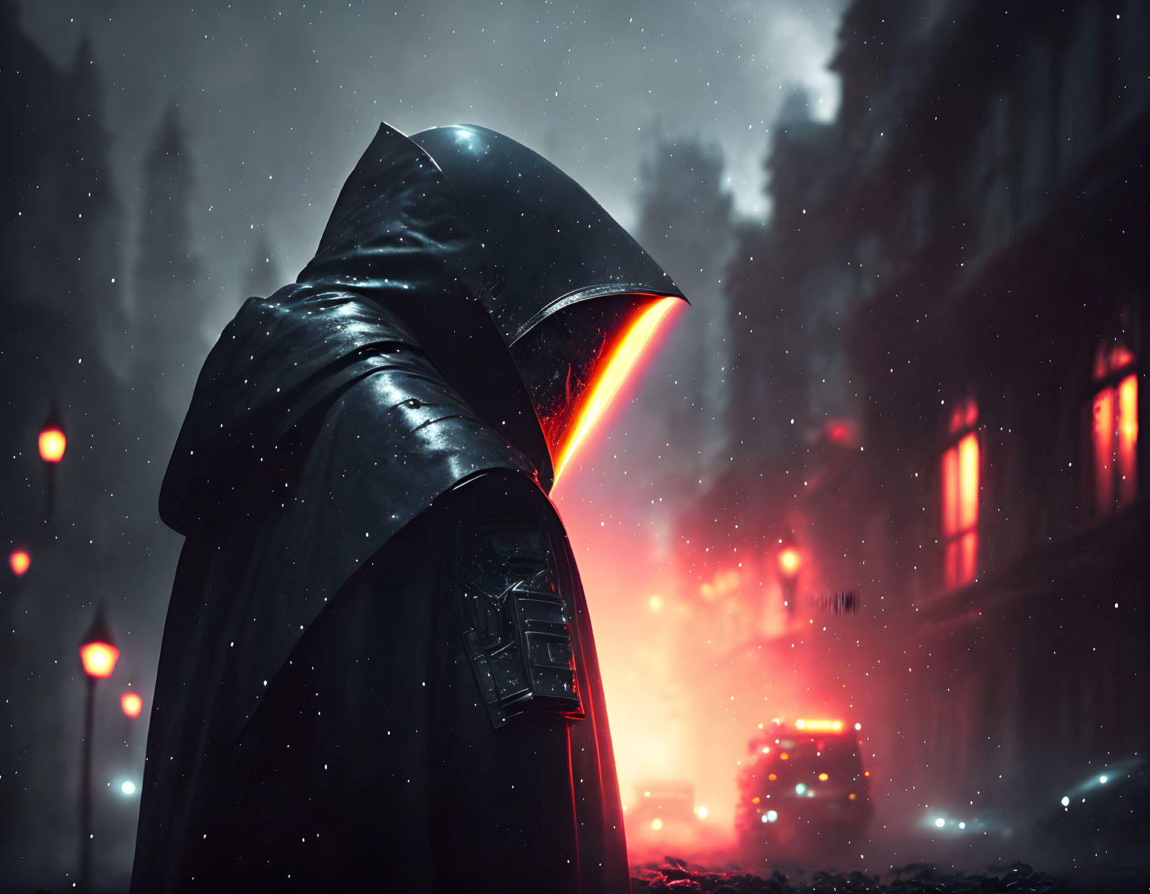 Cloaked figure with red lightsaber in snowy urban night scene