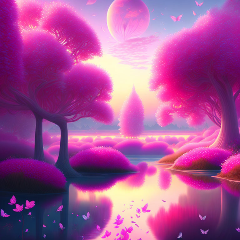 Fantasy landscape digital artwork with pink glowing trees, reflective lake, butterflies, and large moon in purple