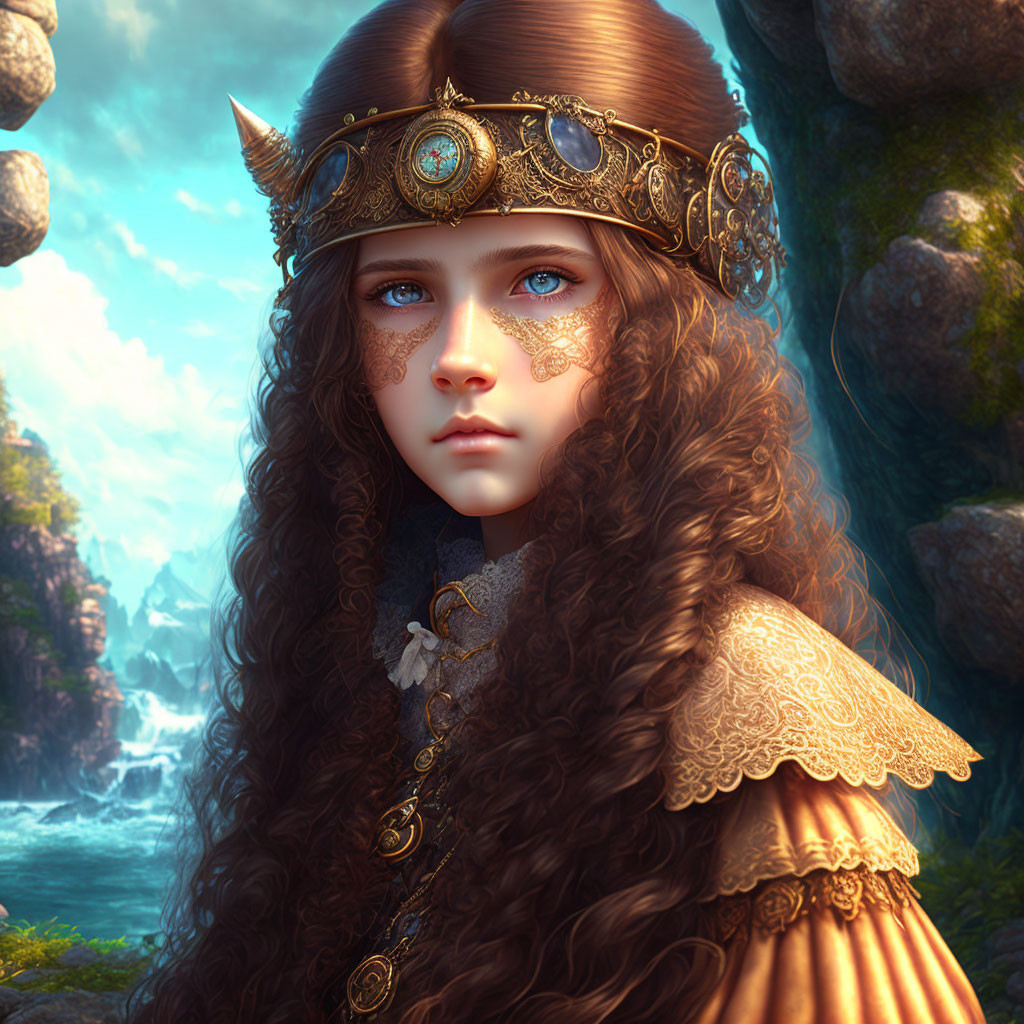 Fantasy female character with golden headgear and blue eyes in lush greenery