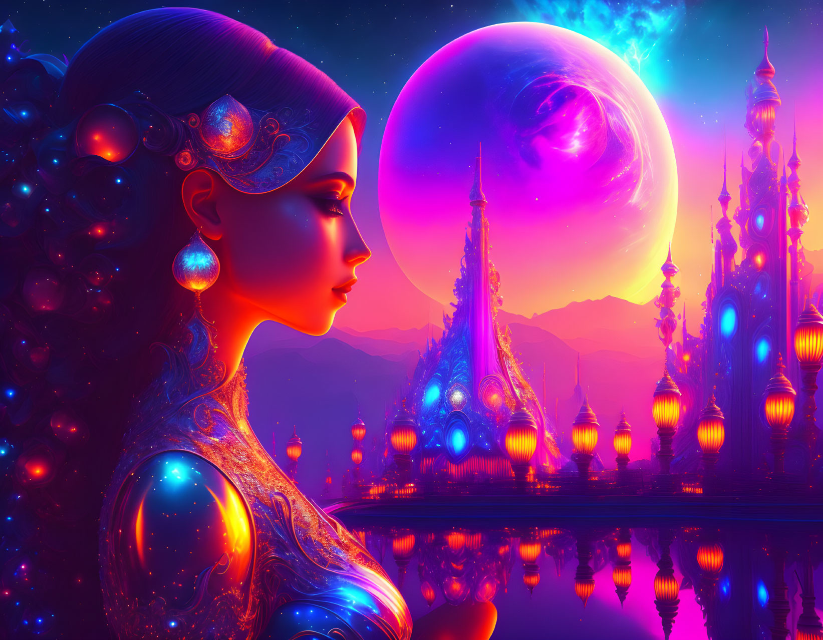 Futuristic sci-fi scene: woman in futuristic jewelry, neon-lit alien cityscape, large