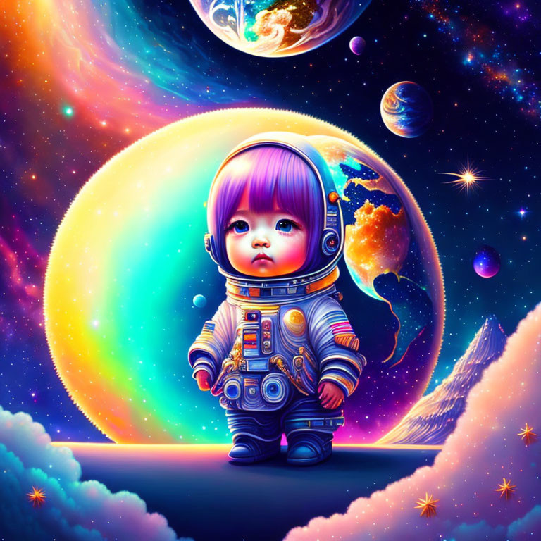 Colorful Toddler in Spacesuit Surrounded by Cosmic Scene