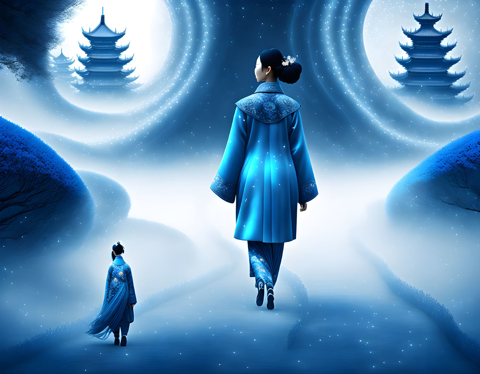 Illustration of two figures in blue robes in mystical snowy landscape