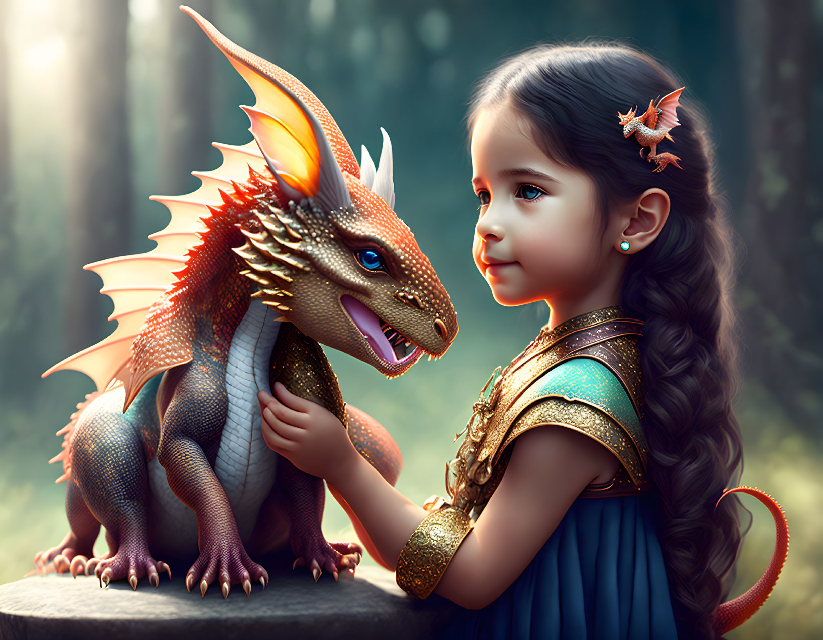 Young girl in blue dress with red and golden dragon in mystical forest