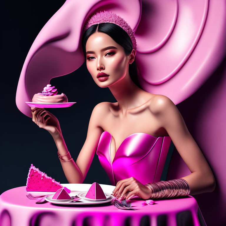 Woman in pink dress with cupcake by cake on table against pink shell backdrop