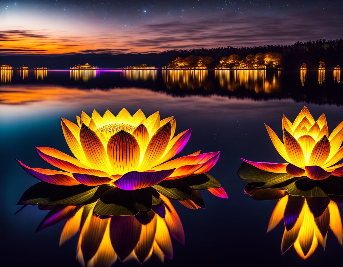 Tranquil lake scene with illuminated lotus flowers at twilight