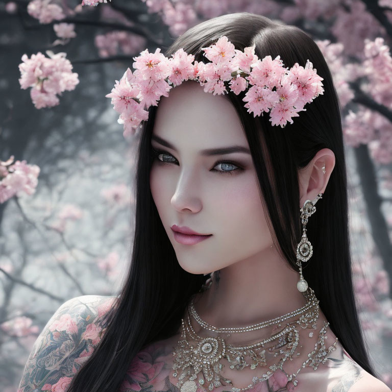 Woman with Pink Floral Headband and Blue Eyes Amid Pink Blossoms