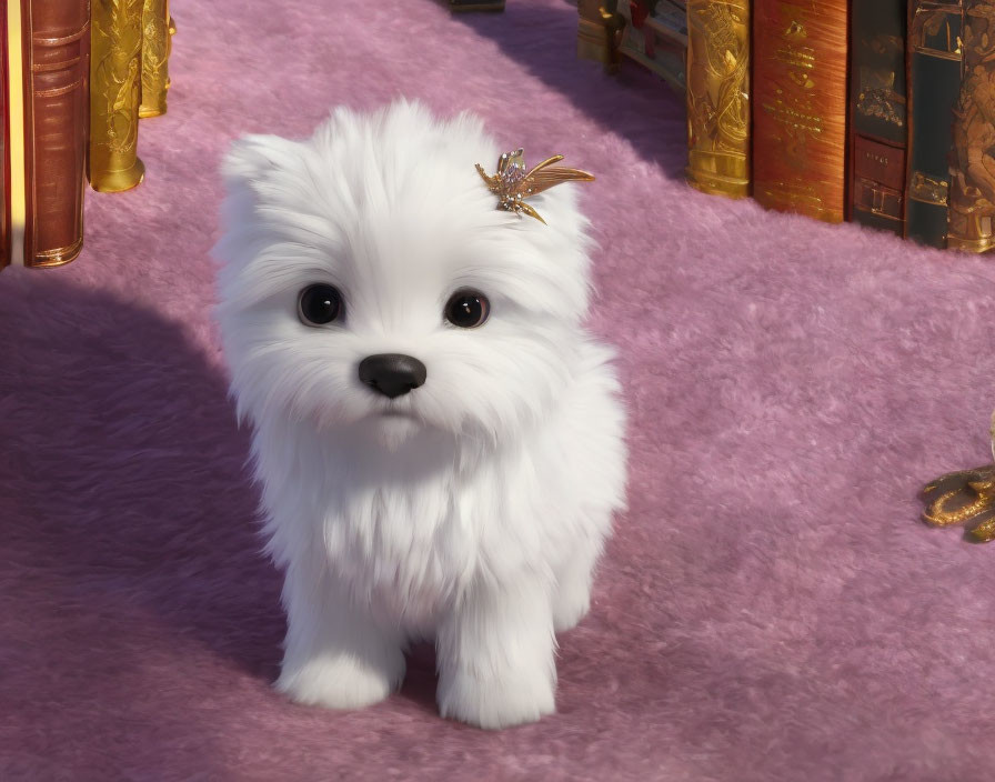 Fluffy white toy dog with golden bow on pink surface, golden books in background