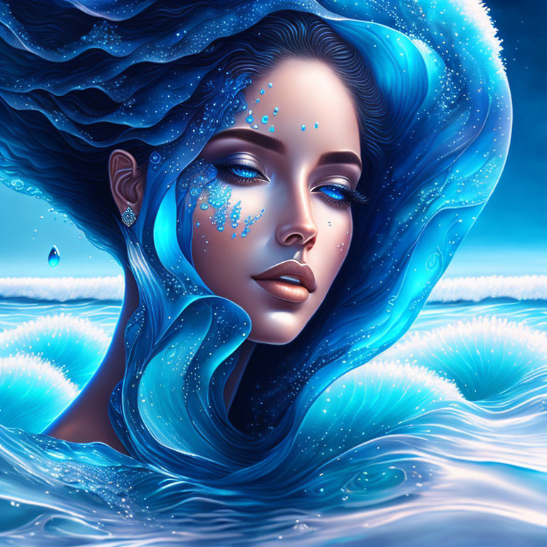 Woman with Blue Hair Blending into Wavy Water