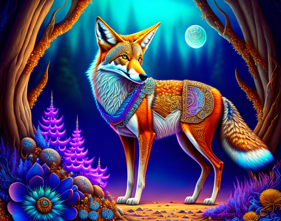 Vibrant Fox Illustration in Mystical Forest Night