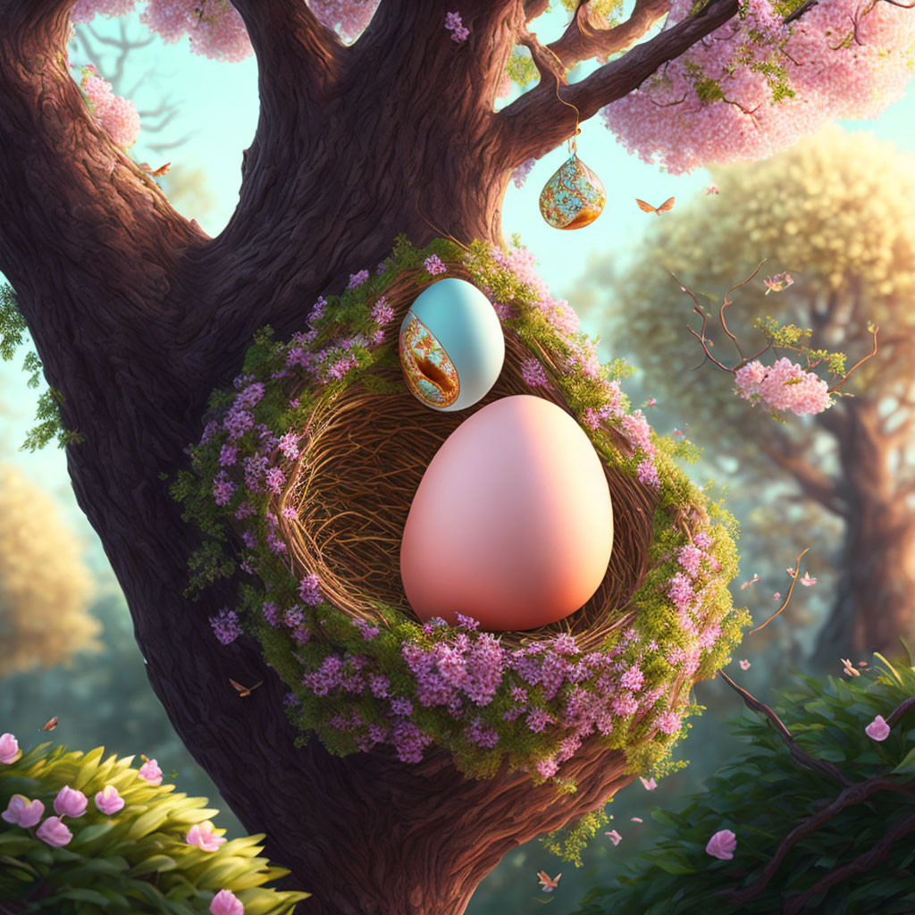 Whimsical nest with pink and ornate eggs in serene forest