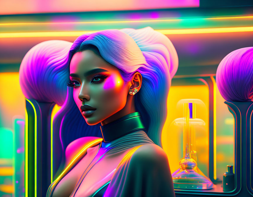 Futuristic digital artwork of woman with blue hair under neon lights