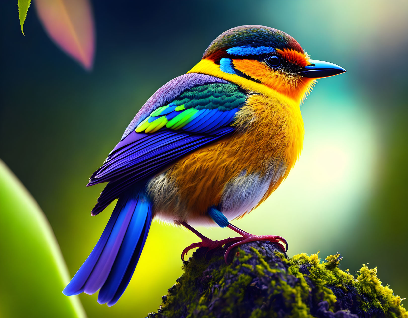 Colorful bird with blue wings and orange cheeks perched on moss-covered branch