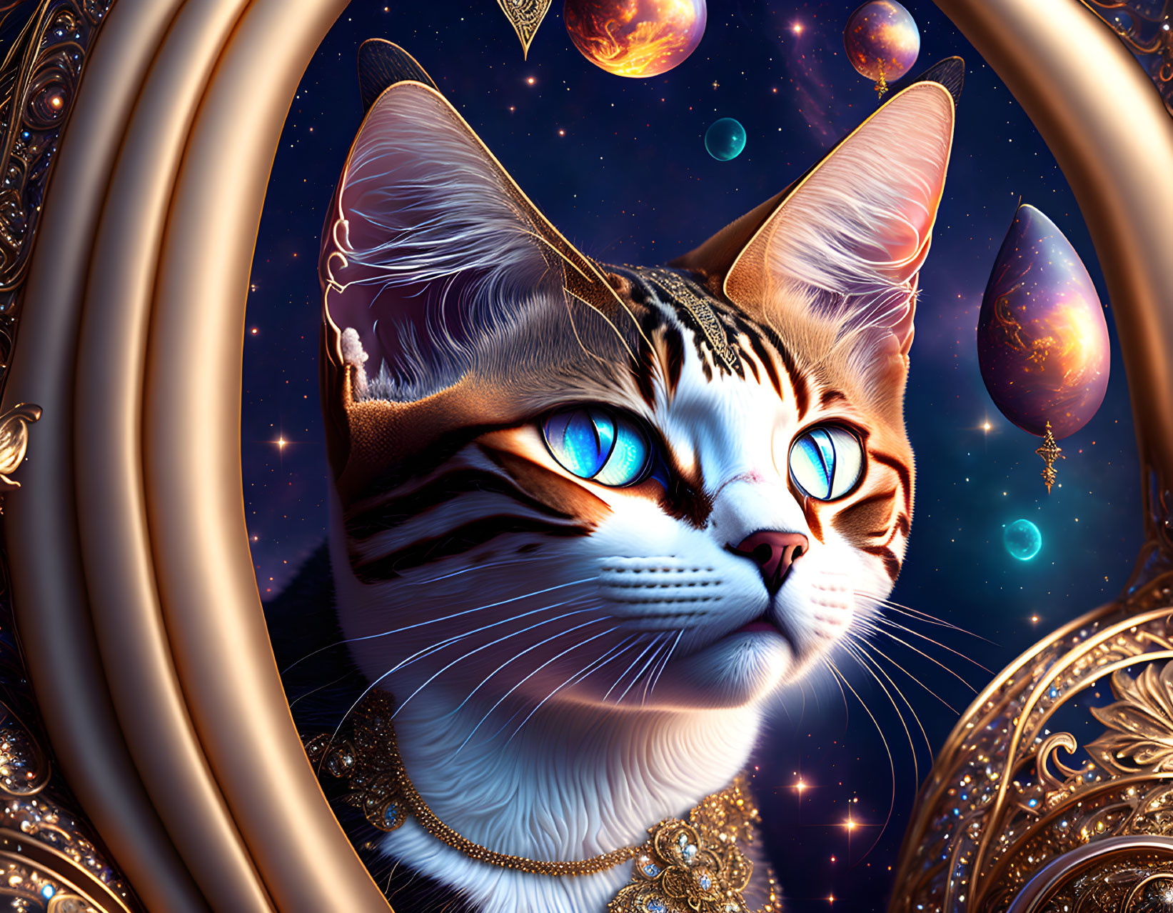 Majestic cat with cosmic patterns and blue eyes in ornate frame