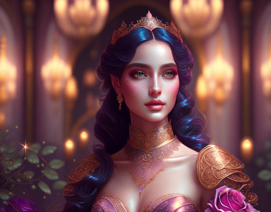 Fantasy queen with blue hair and gold crown holding a rose in ornate setting