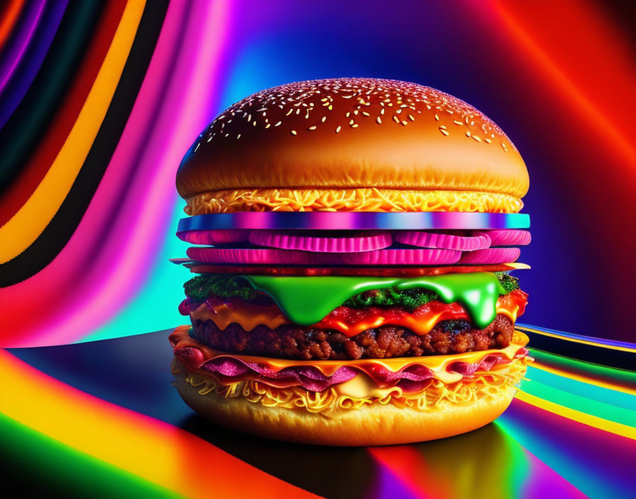 Colorful Stylized Burger Art on Psychedelic Background