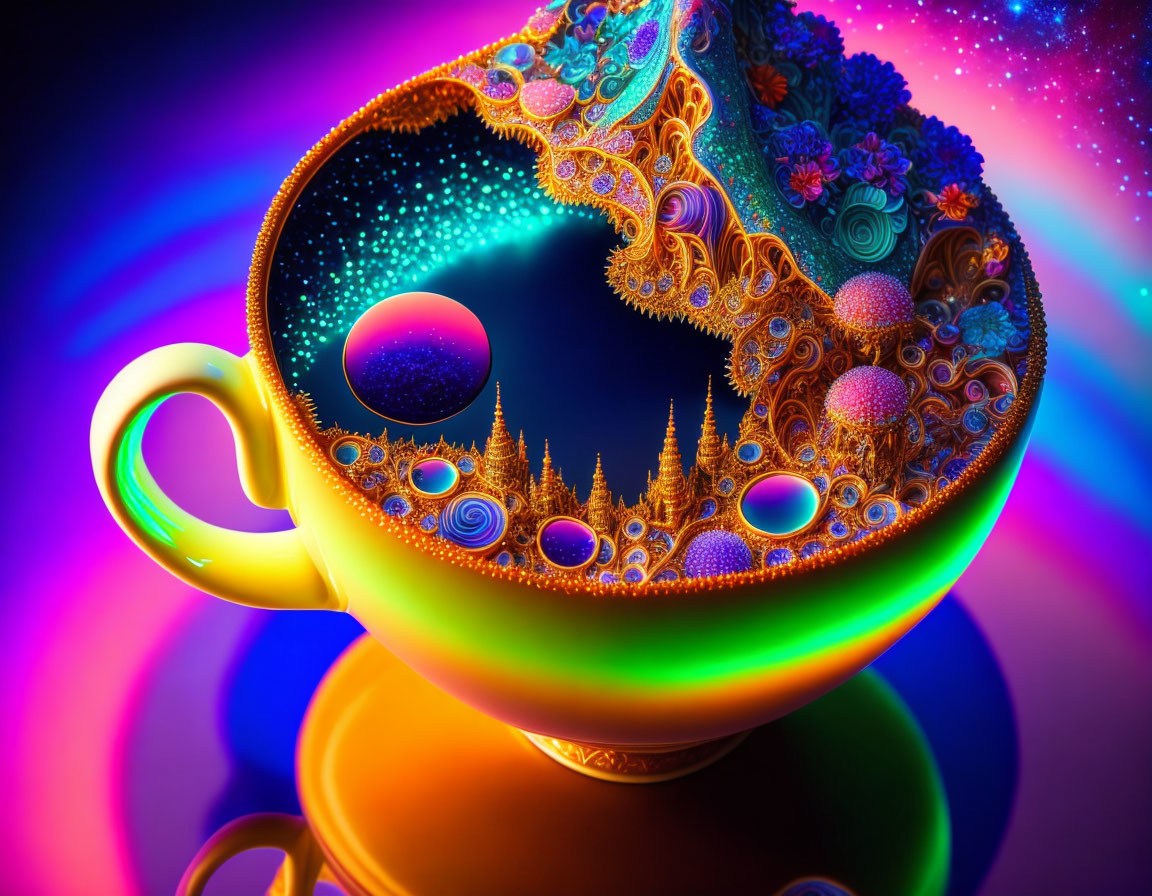 Colorful Fractal Art in Cup with Spirals & Landscapes