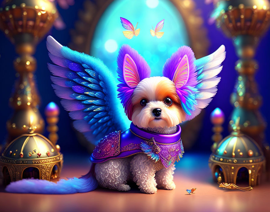 Small dog with butterfly wings among lanterns, magical butterflies, and glowing orb.