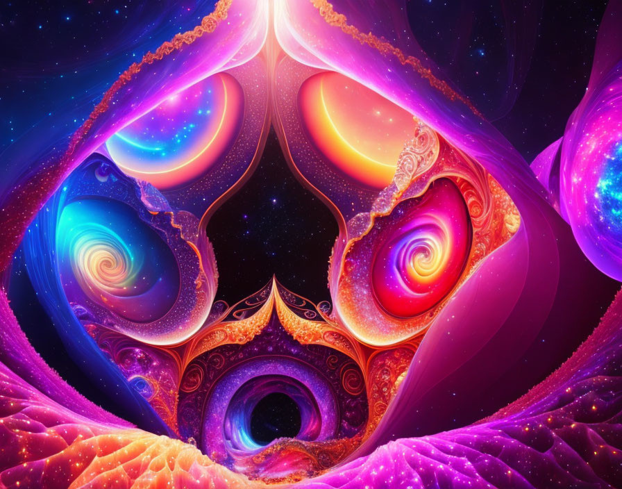 Colorful digital artwork with swirling patterns and fractals in purple, blue, and orange hues.