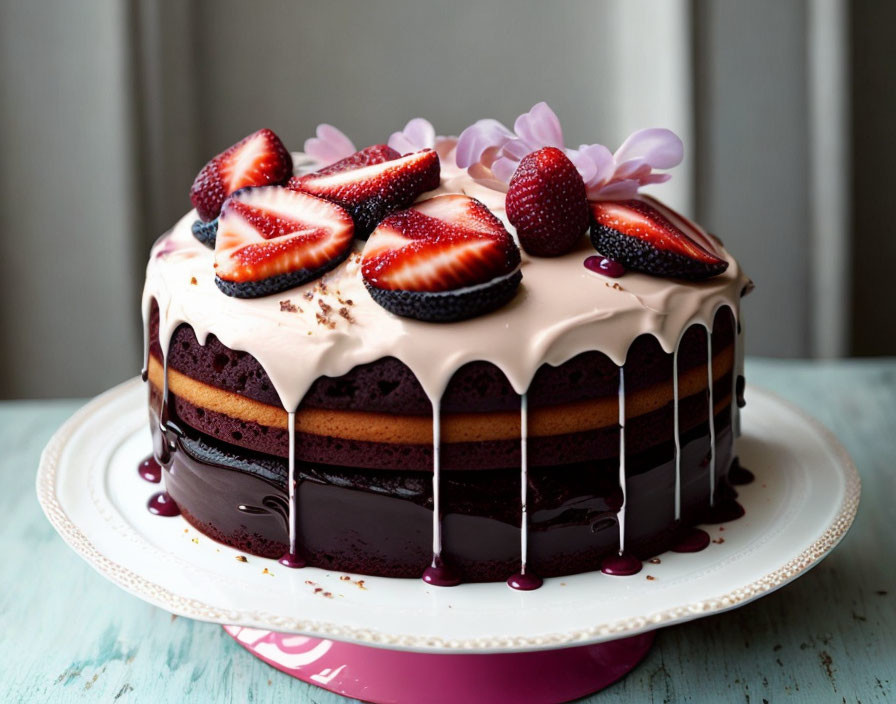 Pink Icing Multi-Layered Cake with Chocolate Ganache Drip and Fresh Strawberries