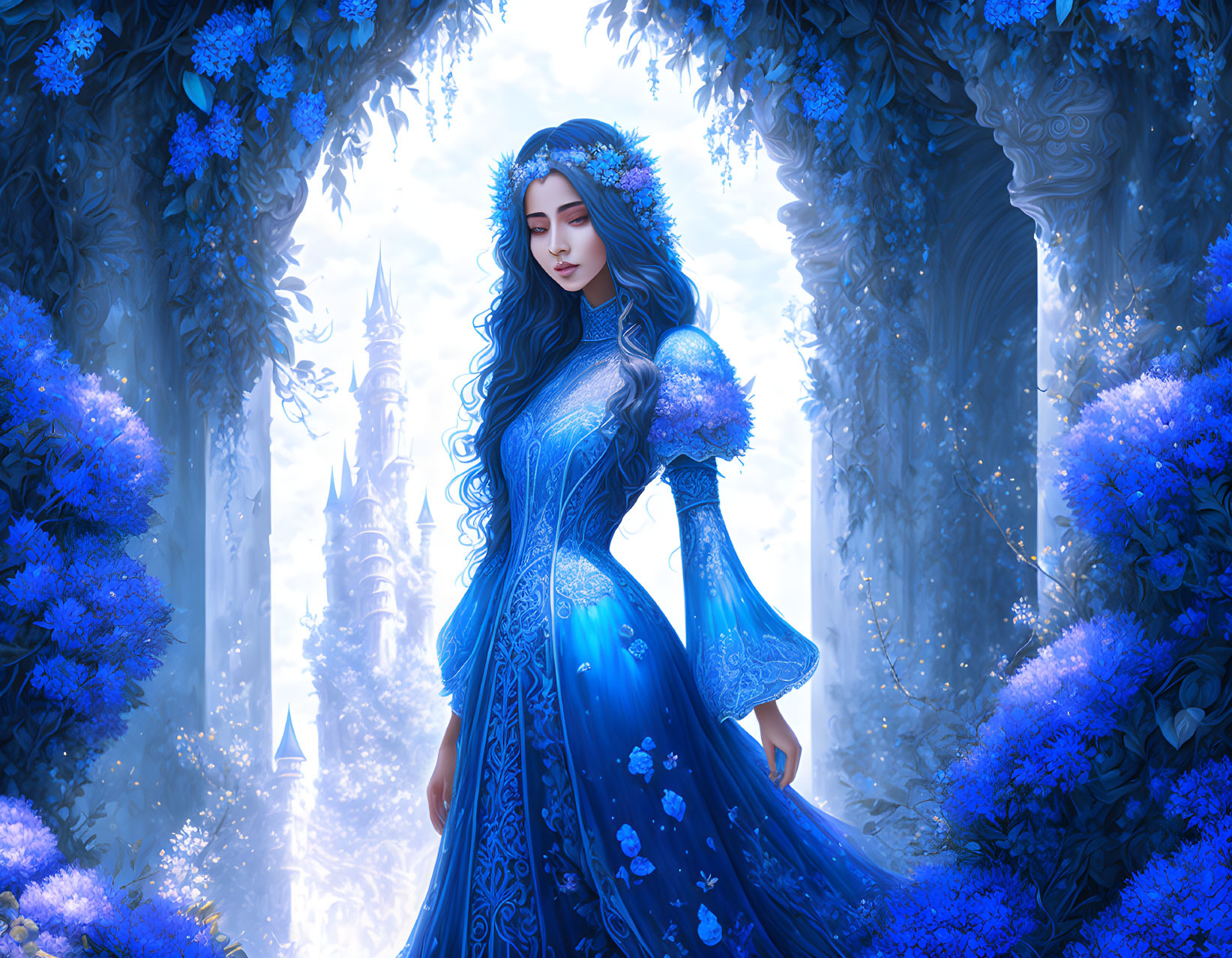 Elegant woman in blue gown in mystical forest with columns and blue flowers