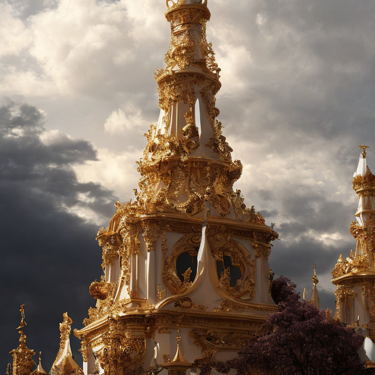 Intricate golden spire against dramatic cloudy sky