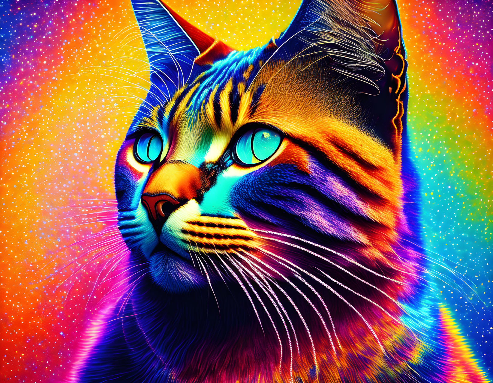 Colorful Digital Art: Cat with Blue Eyes & Neon Fur on Starry Background