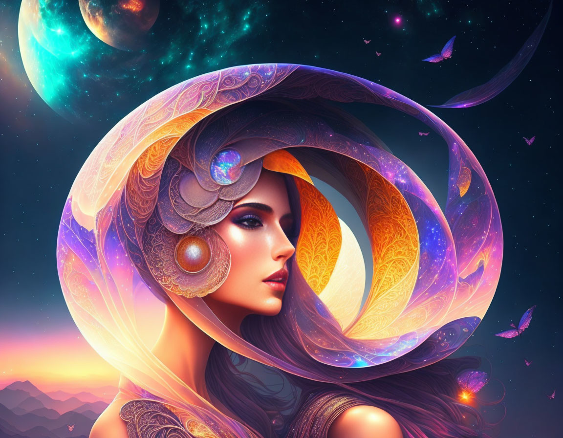 Colorful digital artwork: woman with cosmic headdress, planets, stars, celestial background, mountains.