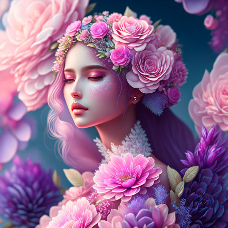 Portrait of Woman Adorned with Vibrant Flowers and Petals