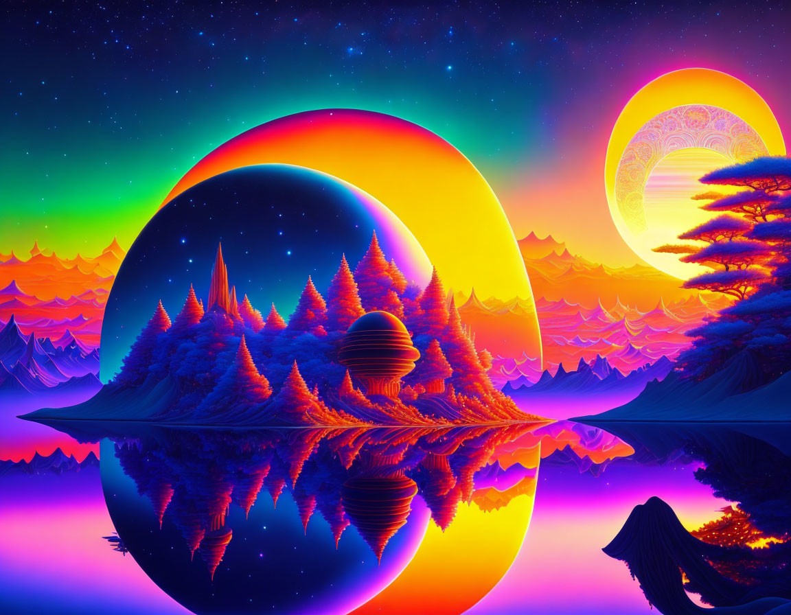 Surreal landscape digital artwork with neon colors and celestial bodies