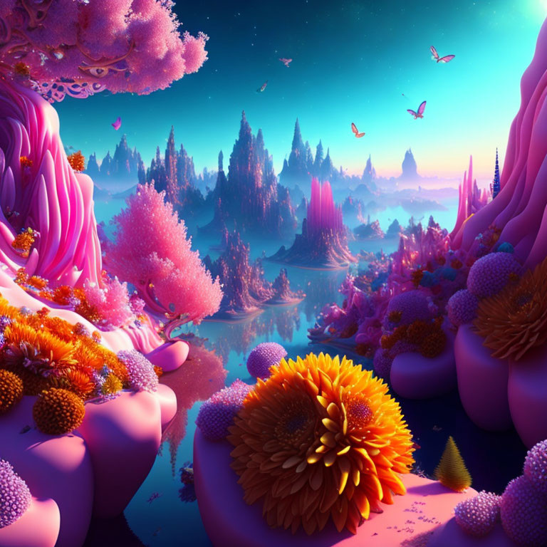 Fantasy landscape with pink and purple hues, majestic trees, towering spires, and floating islands.