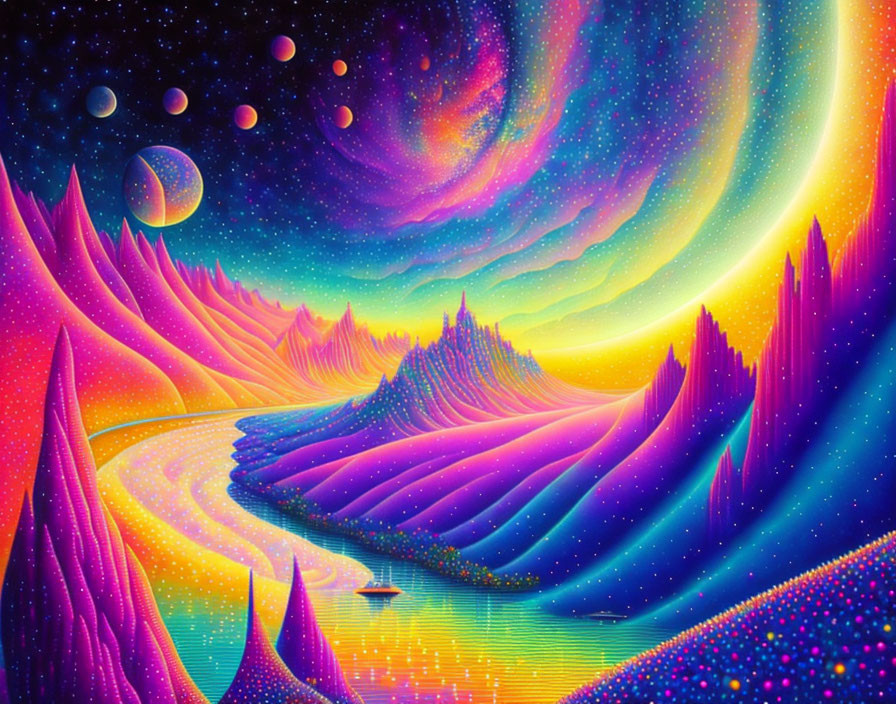 Colorful, undulating mountains in vivid, psychedelic landscape