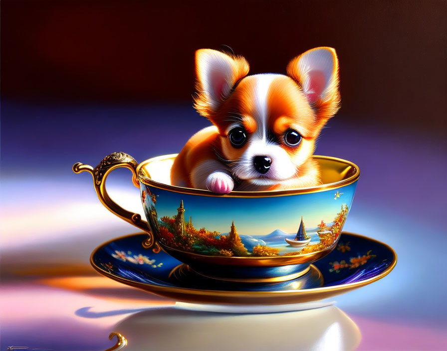 Brown and White Fur Puppy in Ornate Teacup on Purple Background