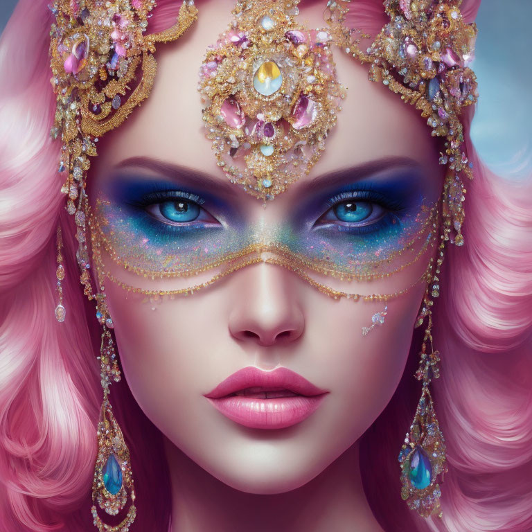 Vibrant pink hair woman with golden gem mask and blue eyes.