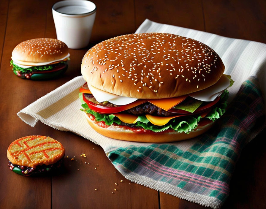 Sesame bun hamburger with lettuce, tomatoes, cheese, and beef patties on a striped nap