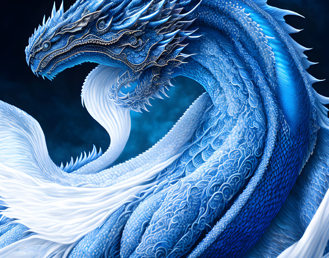 Detailed illustration of majestic blue dragon with intricate scales and flowing white mane.