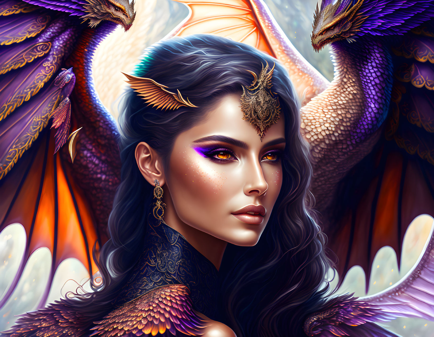 Fantasy-themed digital artwork of a woman with gold jewelry and dragon wings.